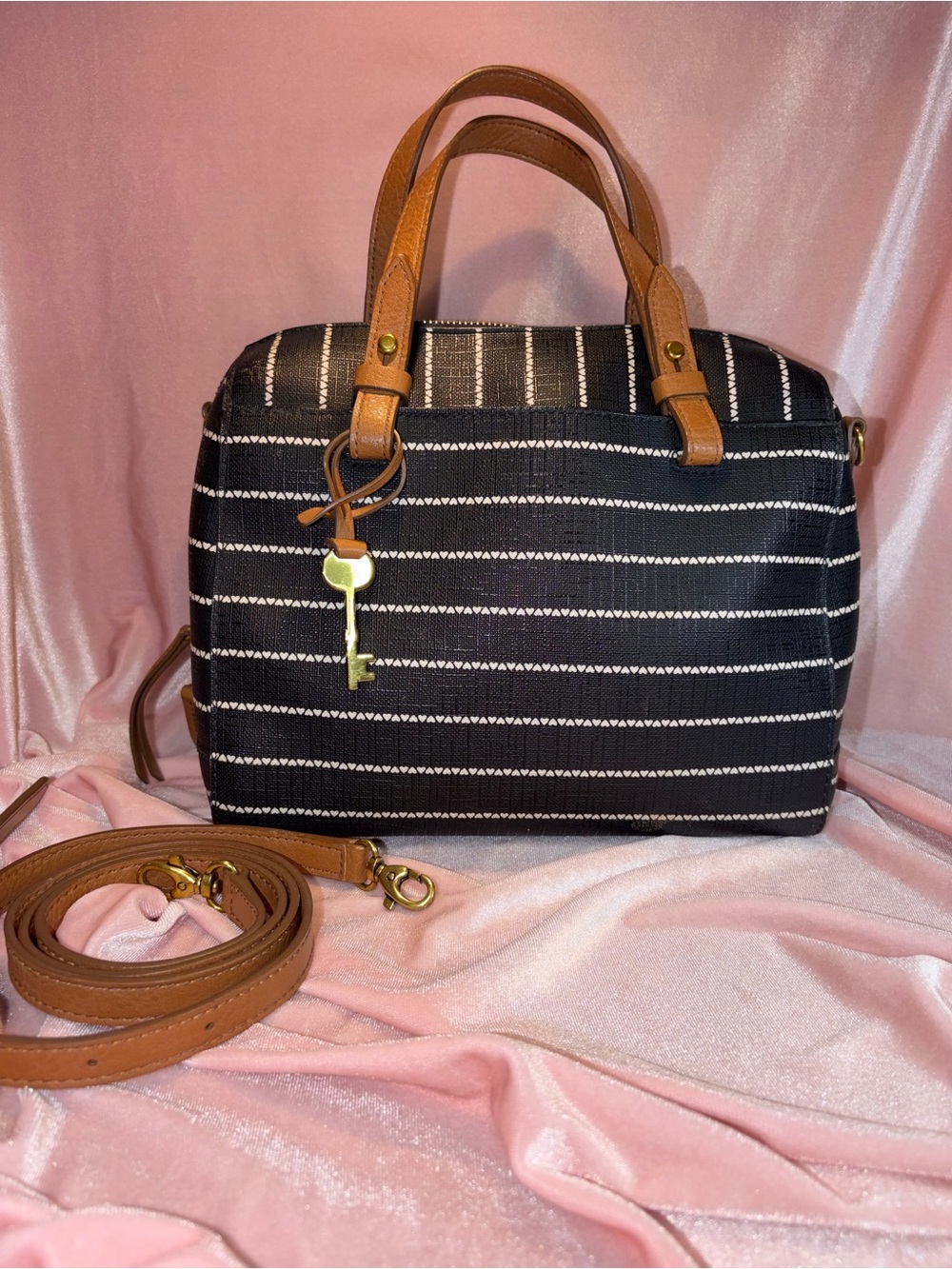 Fossil Rachel Satchel Crossbody | Black & White Heart Stripe | Key Charm